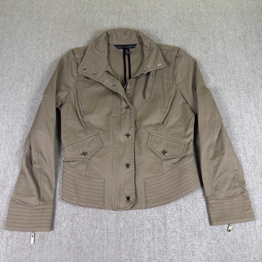 White House Black Market Military Moto Jacket Womens 2P Tan Buckle Snap Utility